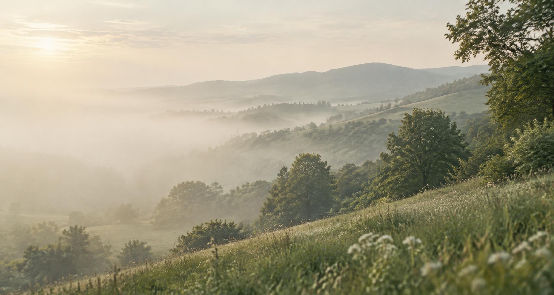 Soft green hills and a leafy tree in gentle morning light — a quiet, open landscape.